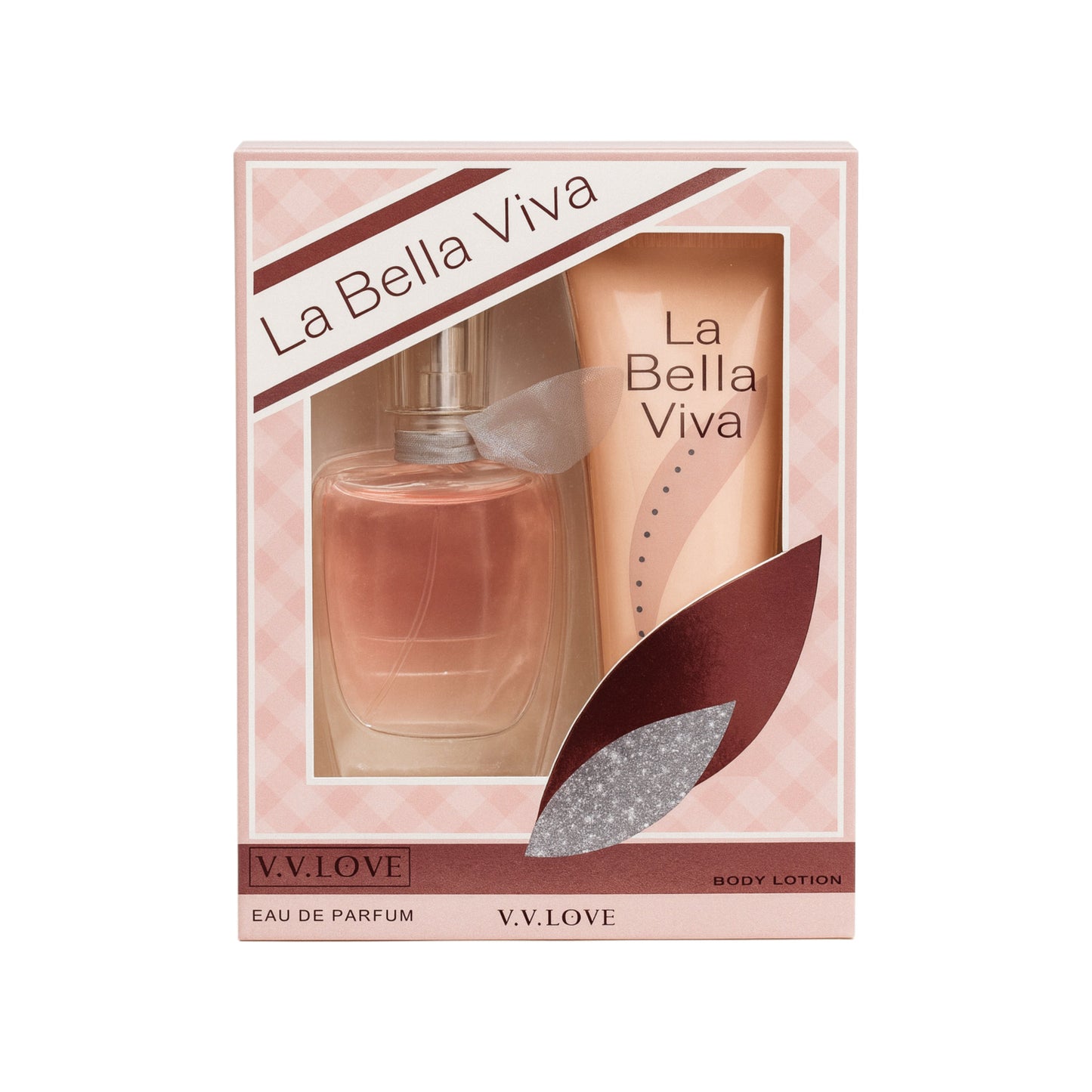 La Bella Viva V.V. Love perfume and body lotion gift set in pink packaging, import cosmetics