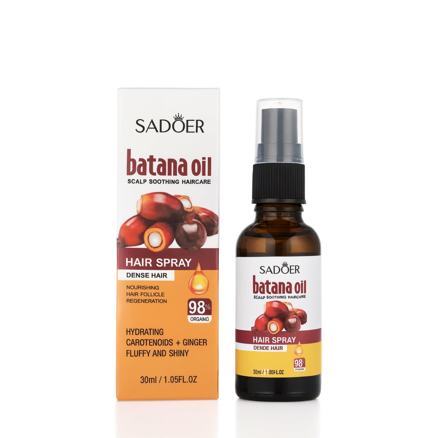 SADOER batana oil hair spray box and bottle for dense hair, hydrating scalp care product