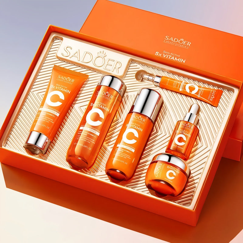 Sadoer Vitamin C cosmetics gift set with six orange skincare products in elegant box