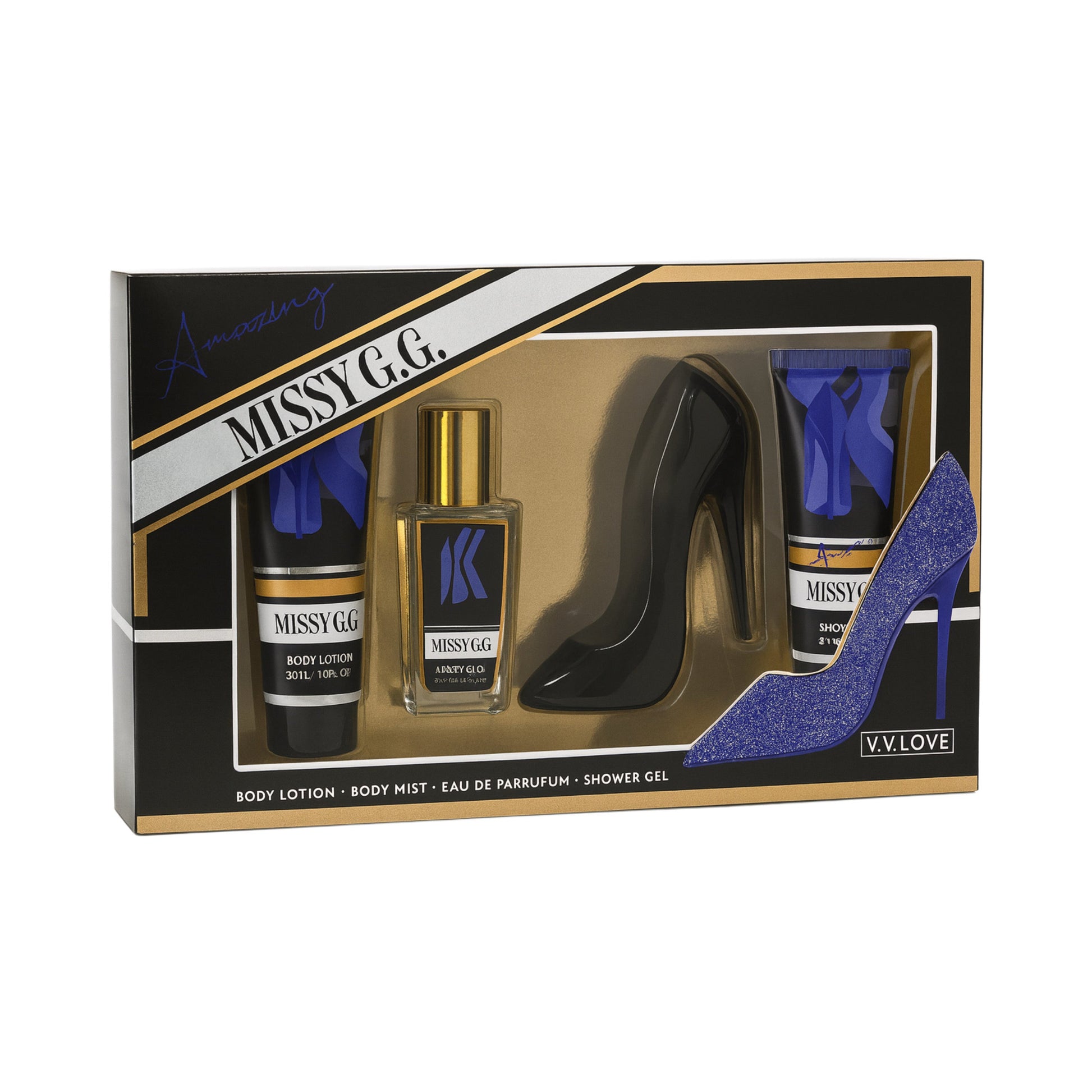 MISSY G.G. cosmetic gift set with body lotion, perfume, shower gel, and shoe-shaped display