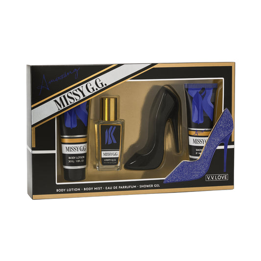 MISSY G.G. cosmetic gift set with body lotion, perfume, shower gel, and shoe-shaped display