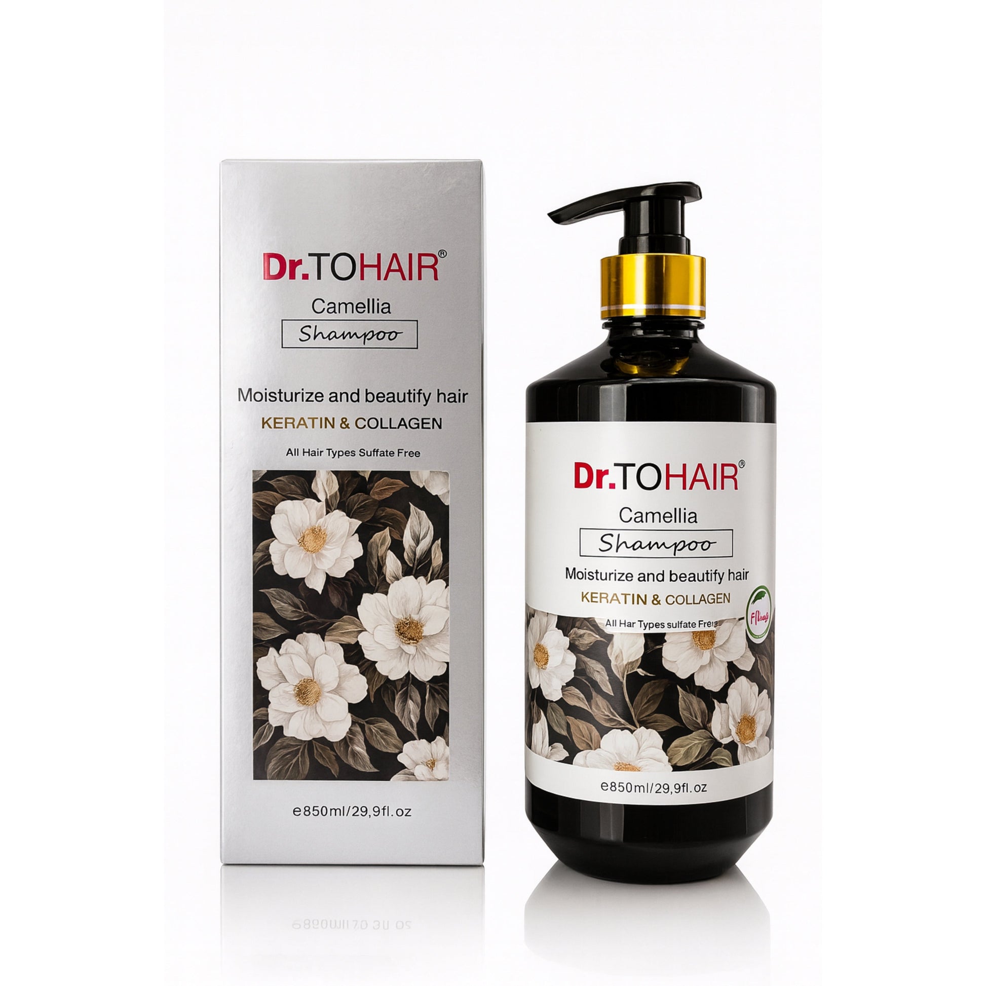 Dr.TOHAIR Camellia Shampoo with keratin and collagen, 850ml bottle and box, floral design