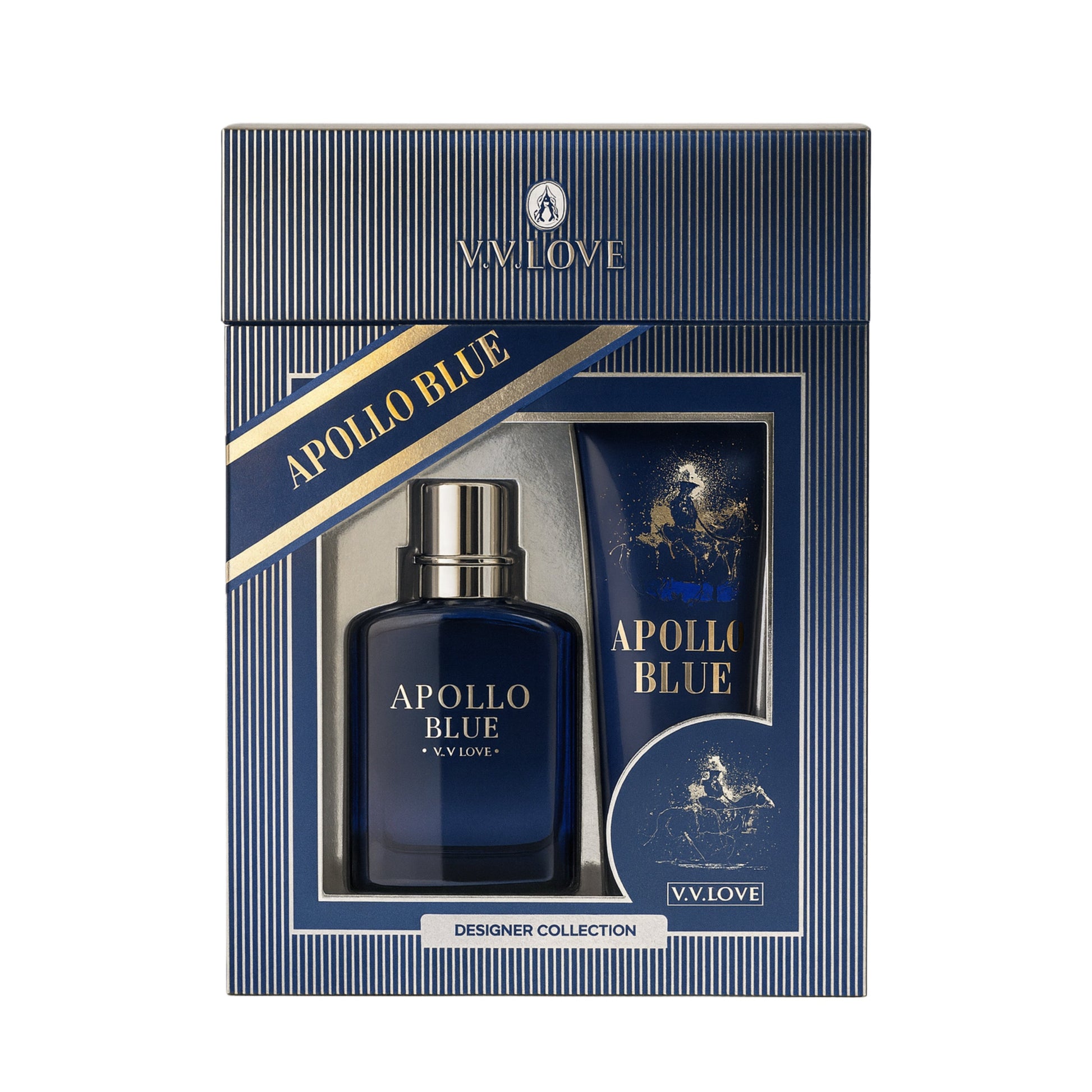 Apollo Blue VV Love fragrance and lotion gift set in blue designer box, import cosmetice