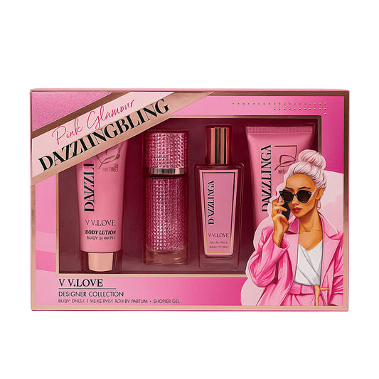Dazzling Bling V.V. Love cosmetic gift set with body lotion, perfume, and pink packaging