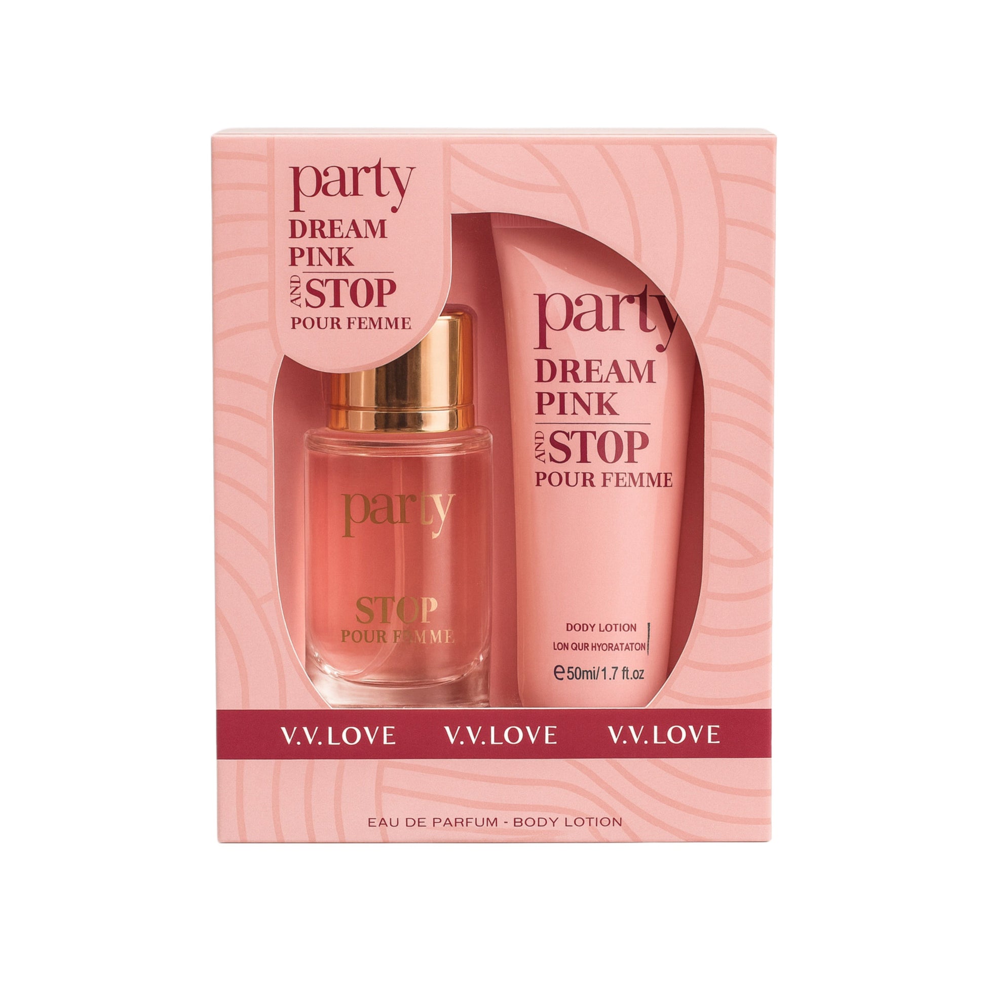 V.V.Love Party Dream Pink Stop Pour Femme perfume and body lotion gift set in pink box, IMPORT COSMETICE