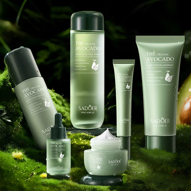SADOER organic avocado skincare products displayed on green moss, import cosmetice focus