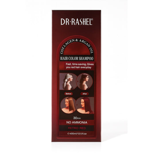 DR RASHEL Collagen & Argan Oil Hair Color Shampoo Retro Red packaging, before and after hair color results
