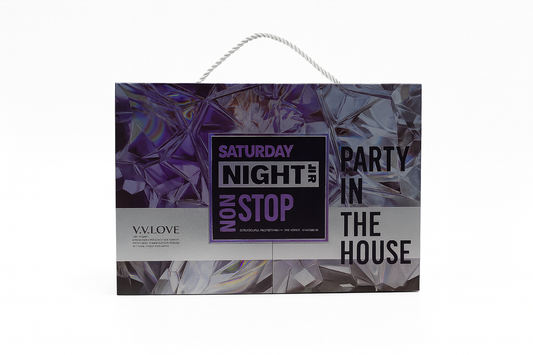 VV LOVE cosmetic shopping bag with purple crystal design, featuring 'Saturday Night Non Stop Party in the House' text