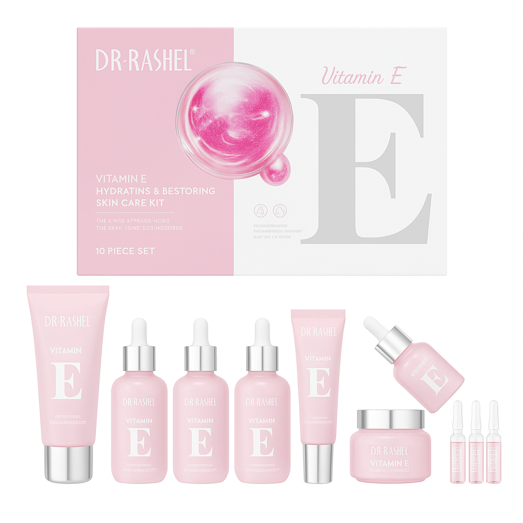 DR RASHEL Vitamin E skin care kit with pink bottles, tubes, and ampoules for import cosmetice