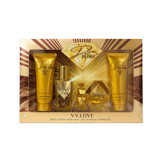De Oro V.V. Love luxury cosmetic gift set with body lotion, shower gel, perfume and body mist in gold packaging
